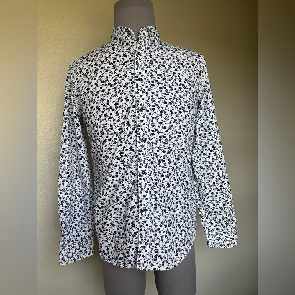 Denim & Flower White Button-Up Shirt with Navy Floral Print